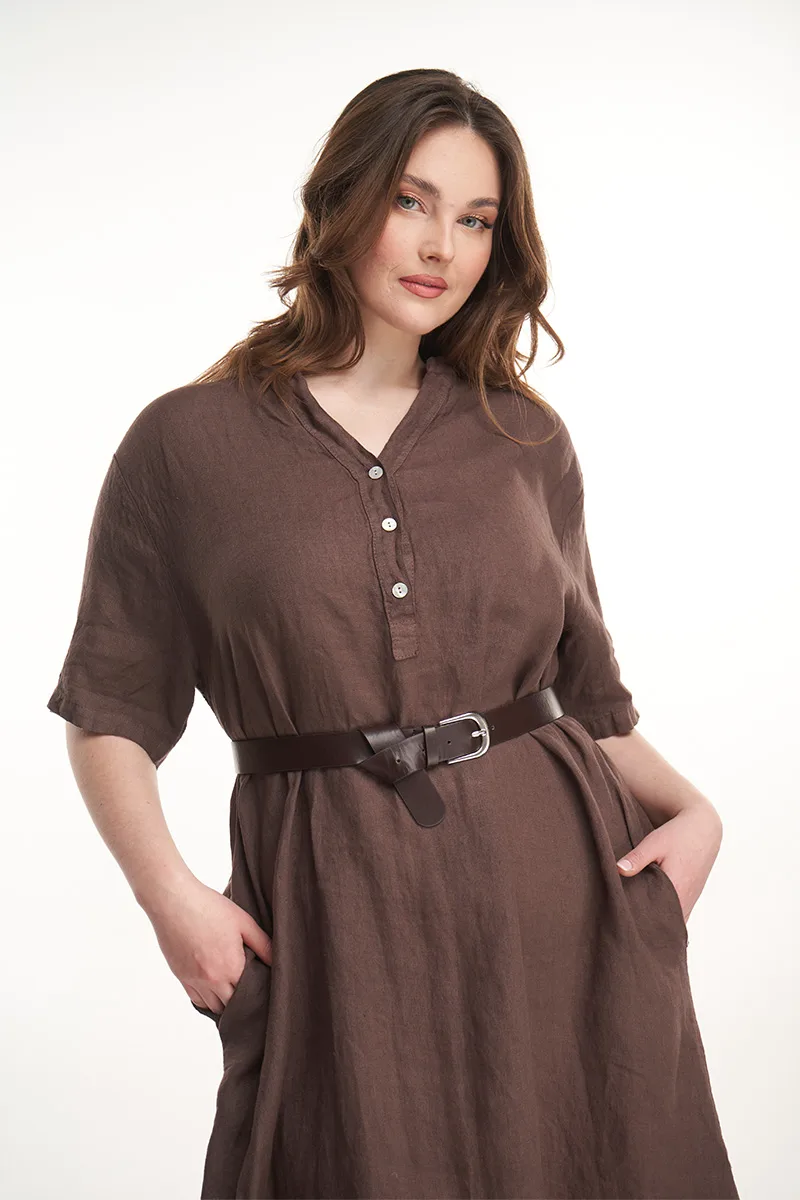 Φόρεμα λινό με τσέπες σε σοκολά χρώμα plus size