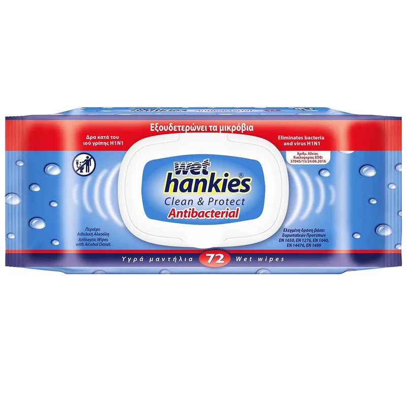 Wet Hankies Clean & Protect Antibacterial Υγρά Αντιβακτηριδιακά Μαντηλάκια 72τμχ