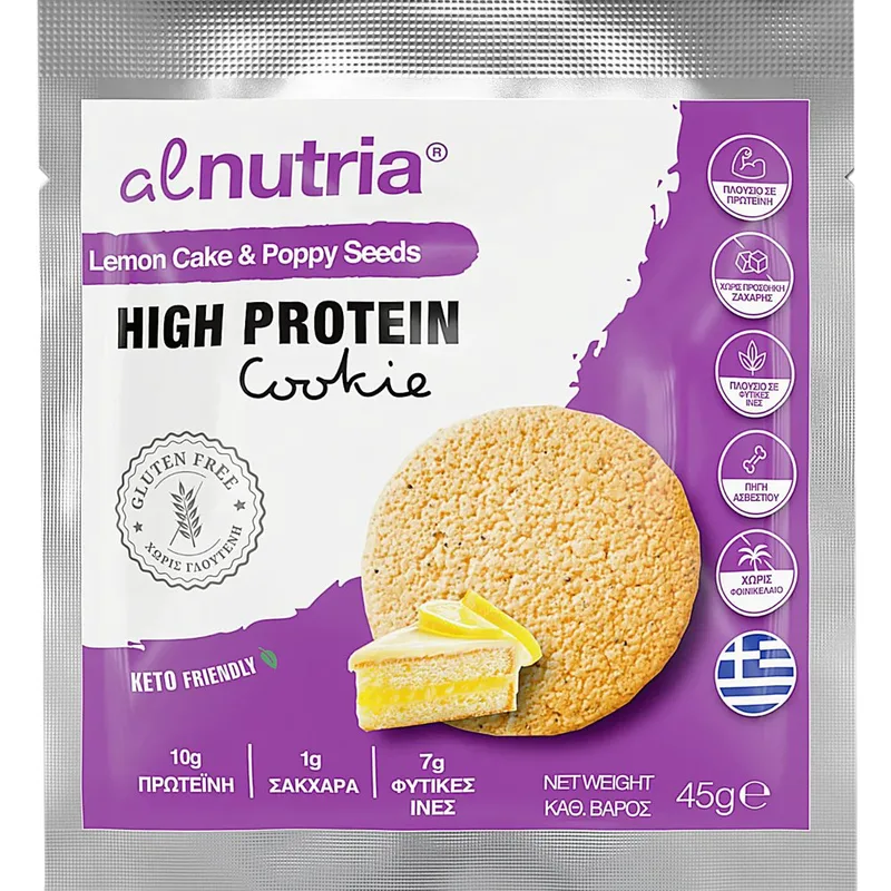 Alnutria High Protein Cookie Μπισκότο Πλούσιο σε Πρωτεΐνη & Ασβέστιο με Πλούσια Γεύση Κέικ Λεμόνι & Σπόρο Παπαρούνας 45g 1 Τεμάχιο - Lemon Cake & Poppy Seeds