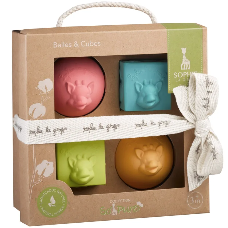 Sophie La Girafe Balls & Cubes Κωδ 220119 Εκπαιδευτικά, Πολύχρωμα Κυβάκια από 100% Φυσικό Καουτσούκ 3m+ 4 Τεμάχια