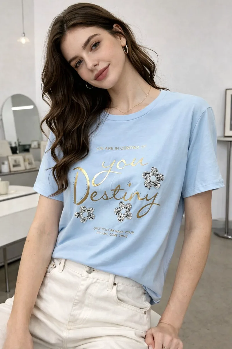 T-shirt Με "You Destiny" Print & Στρας - Σιέλ | Dress Up Σιέλ