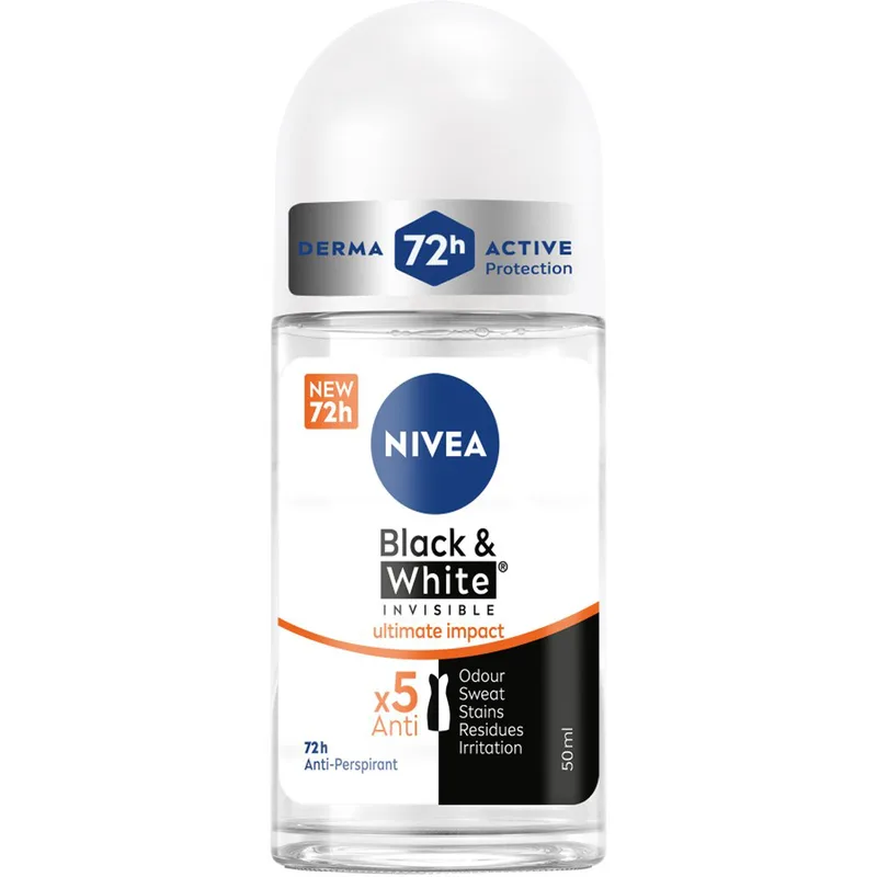Nivea Black & White Invisible Ultimate Impact Anti Perspirant Deodorant Roll-On Γυναικείο Αποσμητικό Roll-On 72ωρης Προστασίας Κατά των Λευκών & Κίτρινων Σημαδιών 50ml