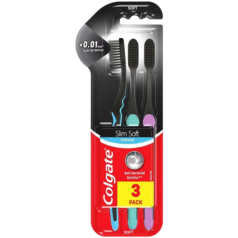 Colgate Slim Soft Charcoal Soft Toothbrush <0.01mm Μαλακή Οδοντόβουρτσα με Ίνες Εμπλουτισμένες με Άνθρακα για Βαθύ Καθαρισμό 3 Τεμάχια