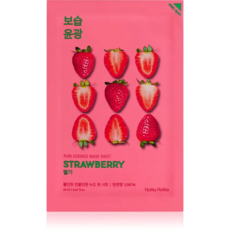 Holika Holika Pure Essence Strawberry λαμπρυντική υφασμάτινη μάσκα λάμψης για ομοιόμορφη απόχρωση επιδερμίδας 23 ml