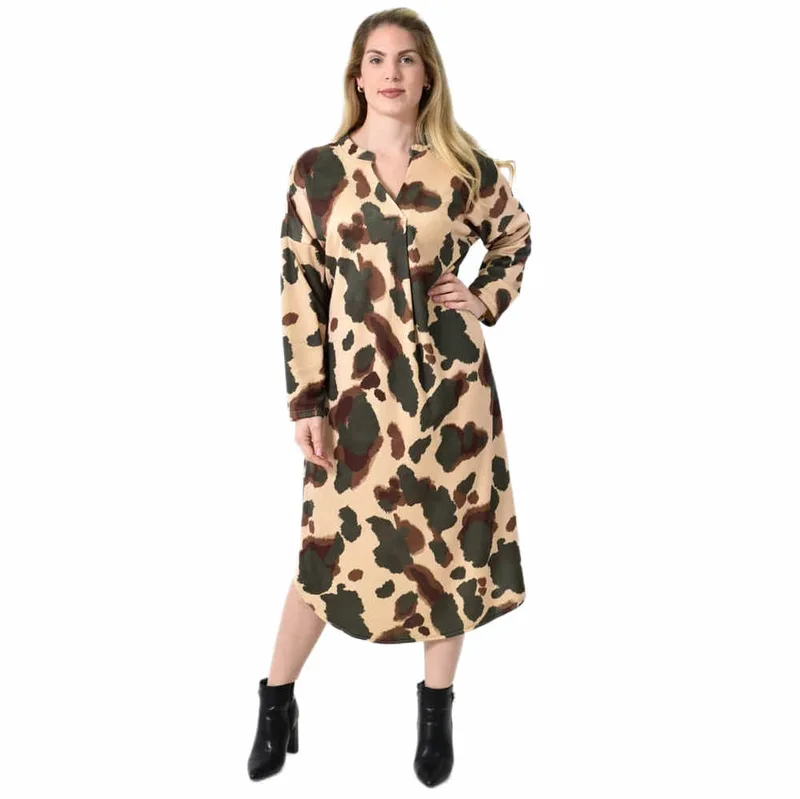 Midi Σεμιζιέ Φόρεμα Abstract Animal Print - Άνετη Γραμμή Χακί 27289