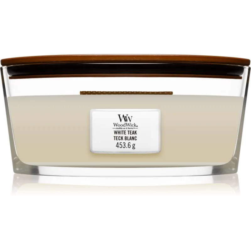 Woodwick White Teak αρωματικό κερί με ξύλινο φιτίλι (hearthwick) 453.6 γρ