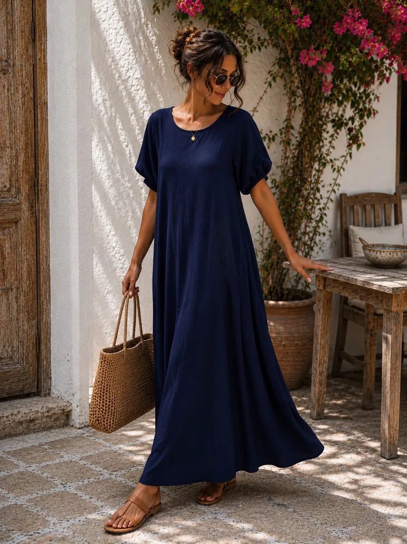 Maxi Oversized Φόρεμα με Balloon Μανίκια & Στρογγυλή Λαιμόκοψη - Μπλε | Dress Up Μπλε