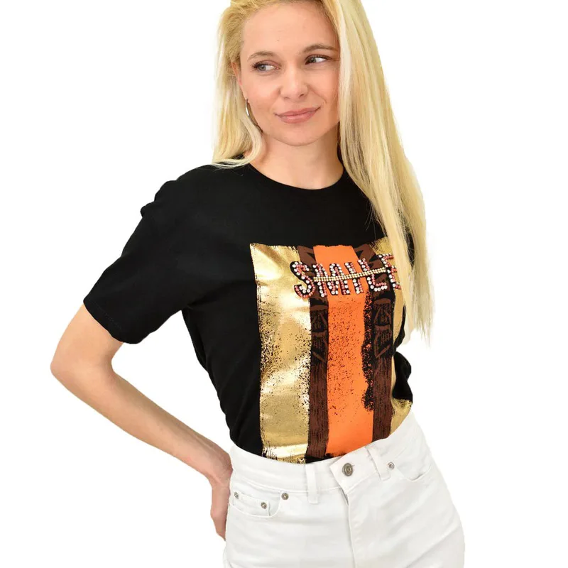 Γυναικείο T-shirt με στρας SMILE Μαύρο 14700
