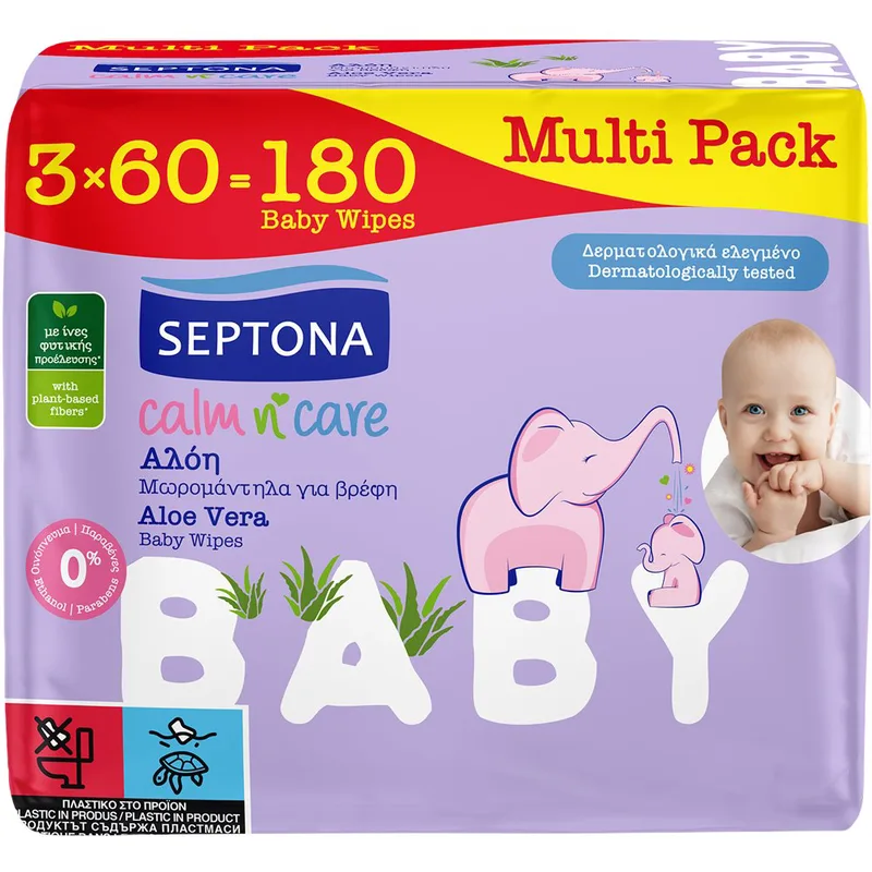 Septona Baby Calm n' Care Aloe Baby Wipes Απαλά Βρεφικά Μωρομάντηλα με Αλόη για Καθημερινή Περιποίηση & Ενυδατωμένη Επιδερμίδα 180 Τεμάχια (3x60 Τεμάχια)