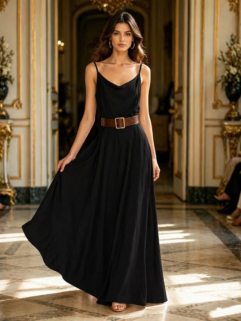 Γυναικείο Maxi Φόρεμα Με Ραντάκια & Ζώνη – Αέρινο Elegant Φόρεμα Σε Μαύρο | Dress Up Μαύρο