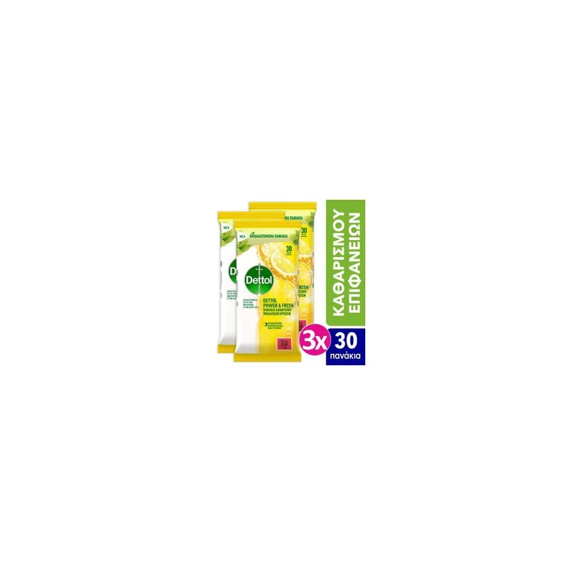 Dettol Αντιβακτηριδιακά Μαντηλάκια Καθαρισμού Επιφανειών Λεμόνι 30τμχ*3