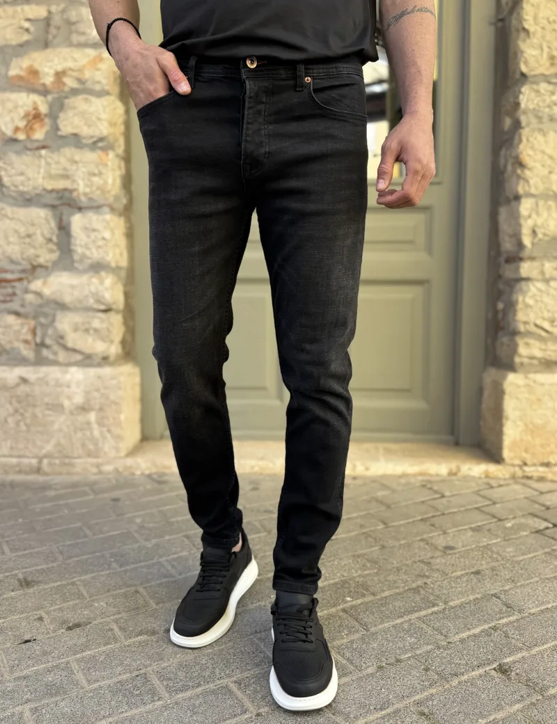 Ανδρικό Slim μαύρο ξεβαμμένο τζιν παντελόνι πεντάτσεπο με κουμπιά 3LN513