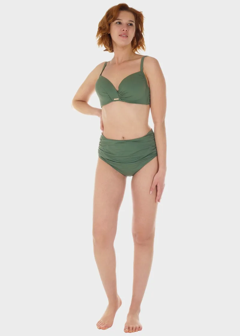 Γυναικείο σετ μαγιό bikini μονόχρωμο ενσωματωμένη επένδυση slip ψηλόμεσο φαρδύ πλαϊνό.Καλύπτει D CUP ΧΑΚΙ