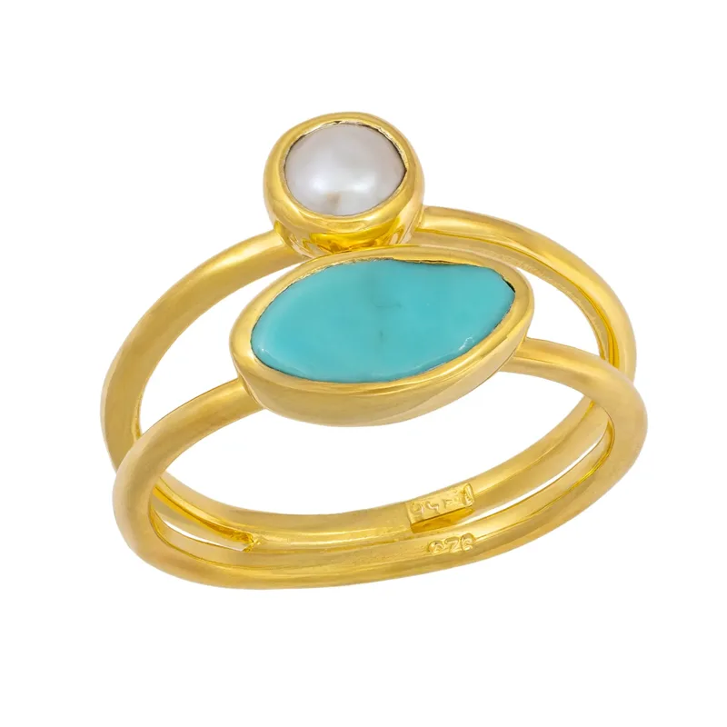 Επίχρυσο δαχτυλίδι 925 με Turquoise και μαργαριτάρι 051749 051749 Ασήμι