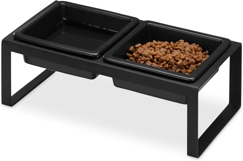 Navaris Modern Cat Feeding Station with Square Bowls - Σετ με 2 Ανυψωμένα Τετράγωνα Κεραμικά Μπολ Φαγητού και Νερού σε Μεταλλική Βάση για Κατοικίδια - 250ml - 29 x 15.5 x 10 cm - Black (60794.01)
