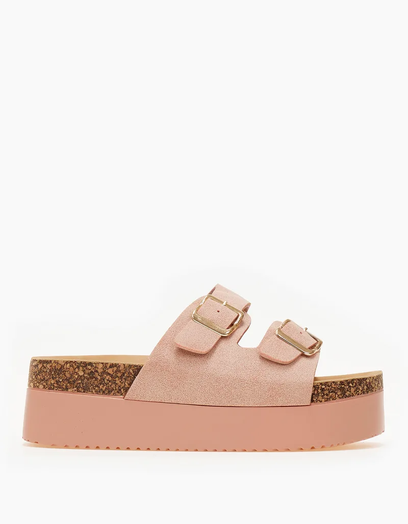 Ψηλά σανδάλια flatform με suede υφή και αγκράφες - Ροζ
