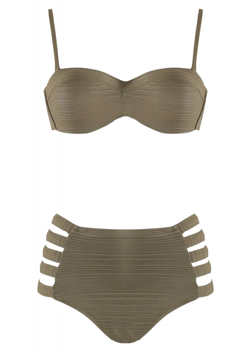 Γυναικείο σέτ μαγίο ενίσχυση bikini ψηλόμεσο cut-out. Καλύπτει B cup ΧΑΚΙ