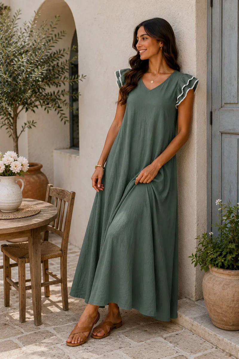 Αέρινο Maxi Φόρεμα με Βολάν Μανίκια - Χακί | Dress Up Χακί