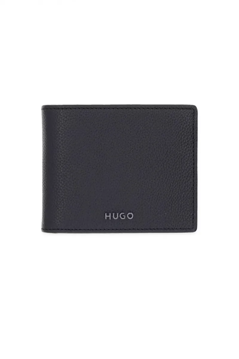 HUGO ΠΟΡΤΟΦΟΛΙ HUKE_TRIFOLD ΔΕΡΜΑ LOGO ΜΕΤΑΛΛΙΚΟ ΜΑΥΡΟ