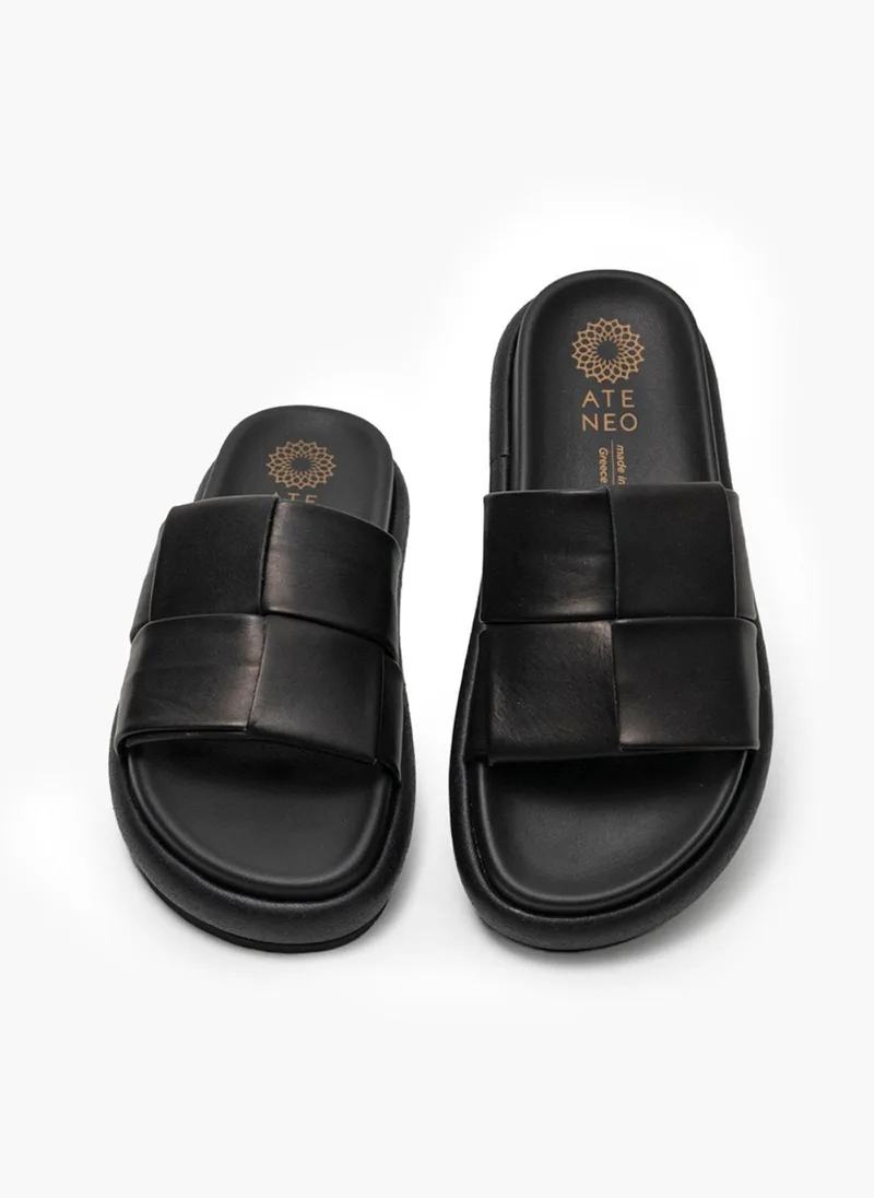ATENEO Leather Flatform Sandals Interwoven Straps - 9101 - Black