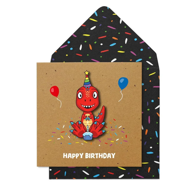Ευχετήρια Κάρτα Γενεθλίων "Happy Birthday'' Κόκκινος Δράκος με Τούρτα LM011