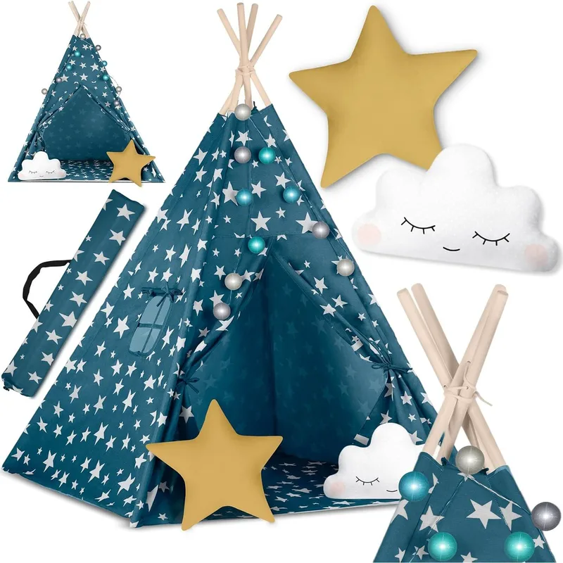 Παιδική Σκηνή Teepee Nukido Kids Tipi Tent NK-401 Ινδιάνικη με 2 x Μαξιλάρια & Φωτάκια - Dark Blue / Stars (5903890609610)