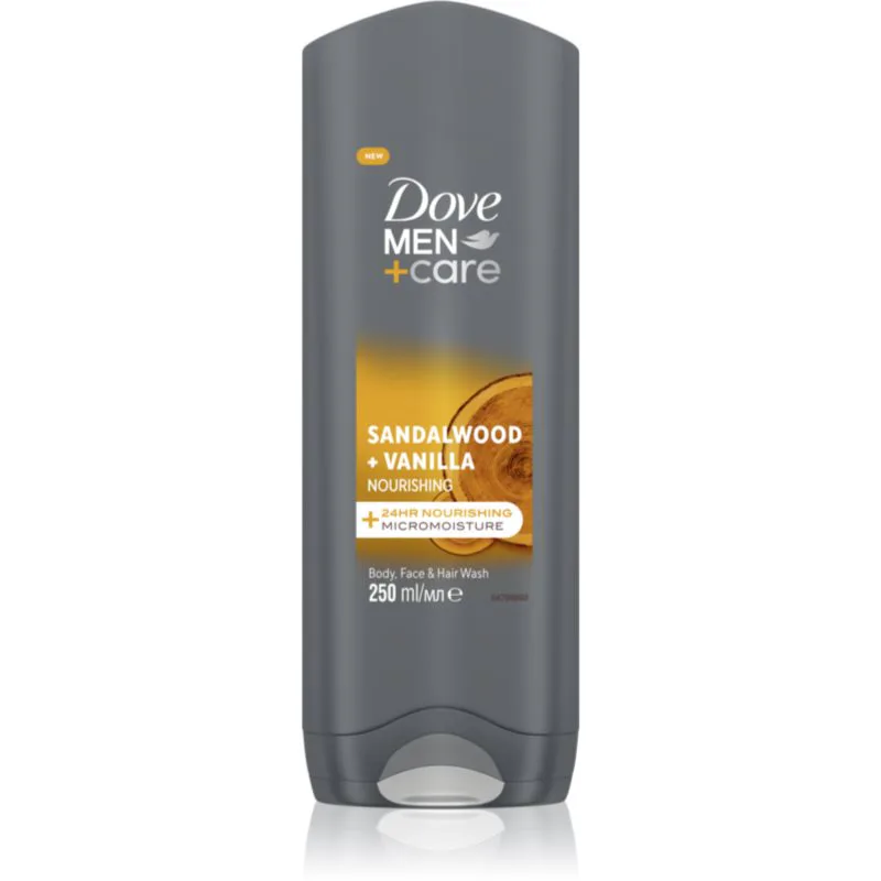 Dove Men+Care Sandalwood&Vanilla τζελ για ντους Για πρόσωπο, σώμα και μαλλιά για άντρες 250 ml