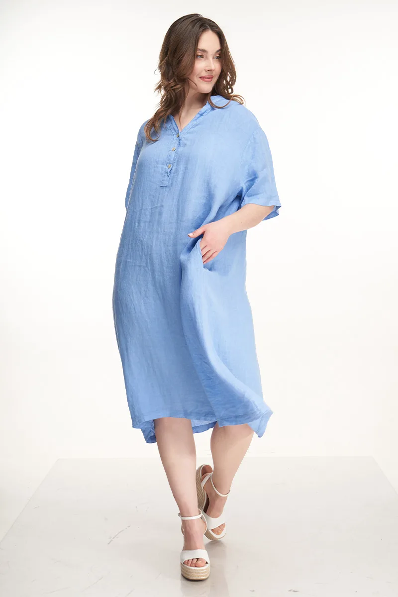 Φόρεμα λινό με τσέπες σε γαλάζιο χρώμα plus size
