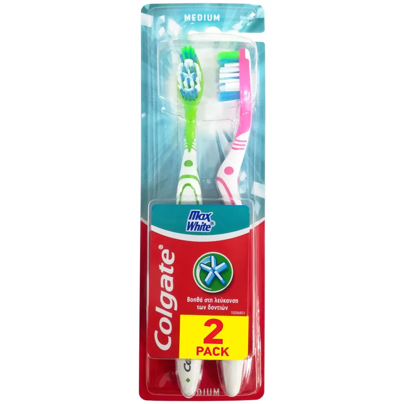 Colgate Max White Medium Toothbrush Μέτρια Οδοντόβουρτσα για την Απομάκρυνση των Χρωματικών Λεκέδων 2 Τεμάχια - Πράσινο / Ροζ