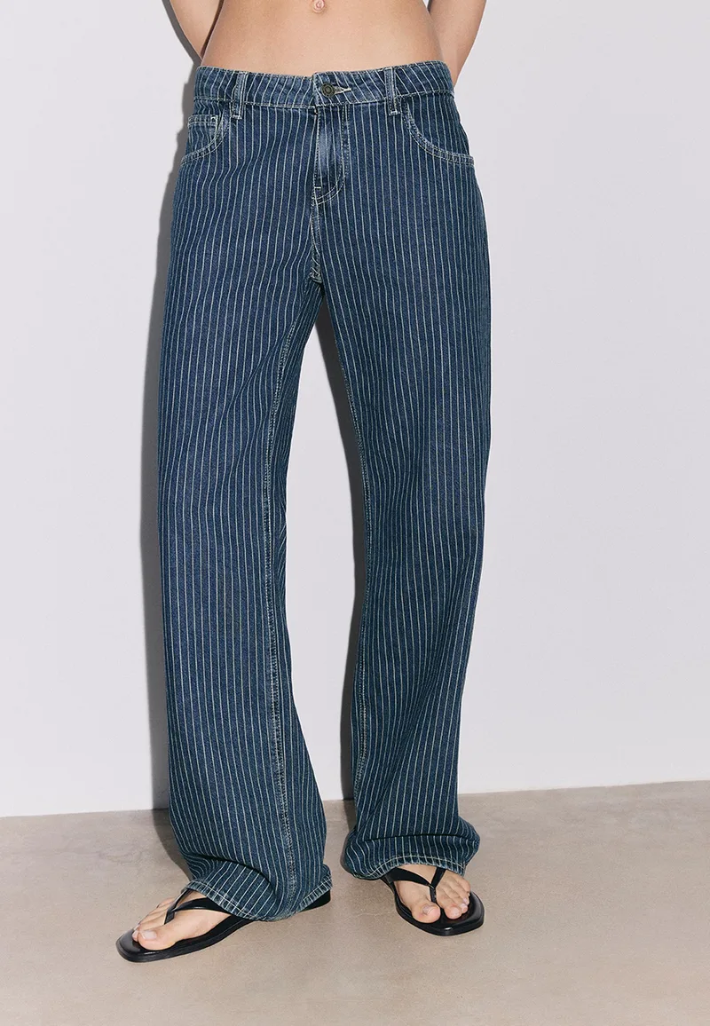 Stradivarius Jeans Baggy Κανονική Μέση Ριγέ Γαλάζιο 36
