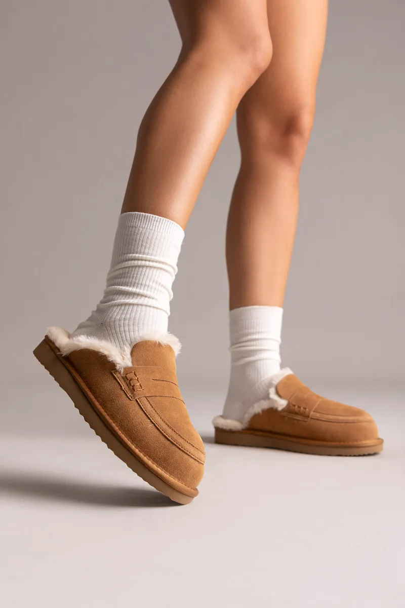 KELARA Fur Lined Winter Slippers - K51313 - Camel Suede