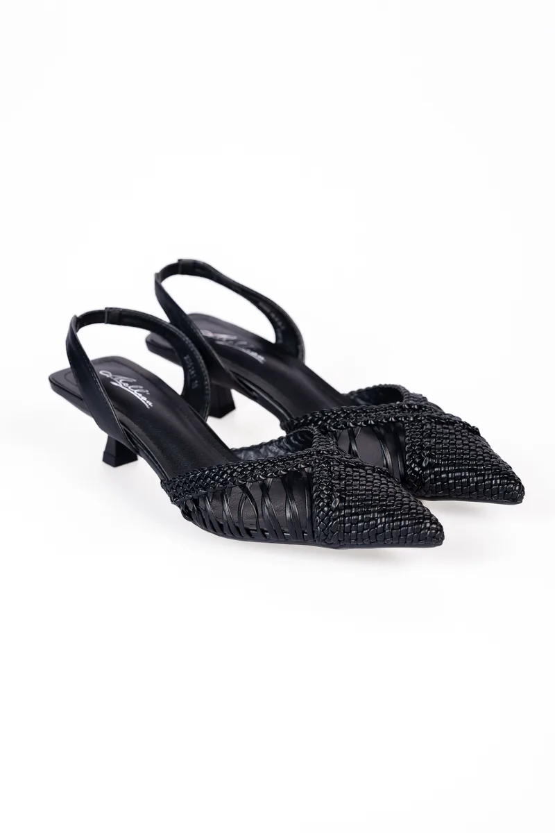 Χαμηλές open heel μυτερές γόβες με πλεκτό σχέδιο - Μαύρο