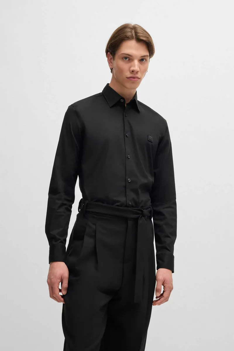Hugo Boss ανδρικό πουκάμισο μονόχρωμο με logo patch - 50505315 Μαύρο