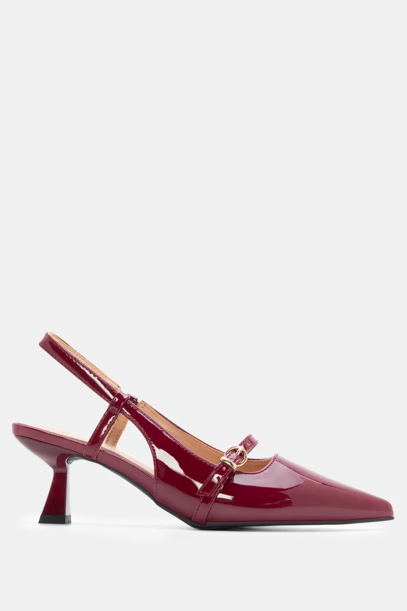 Γόβες Μυτερές Slingback με Διακοσμητική Τόκα & Λάστιχο - Μπορντό-Λουστρίνι