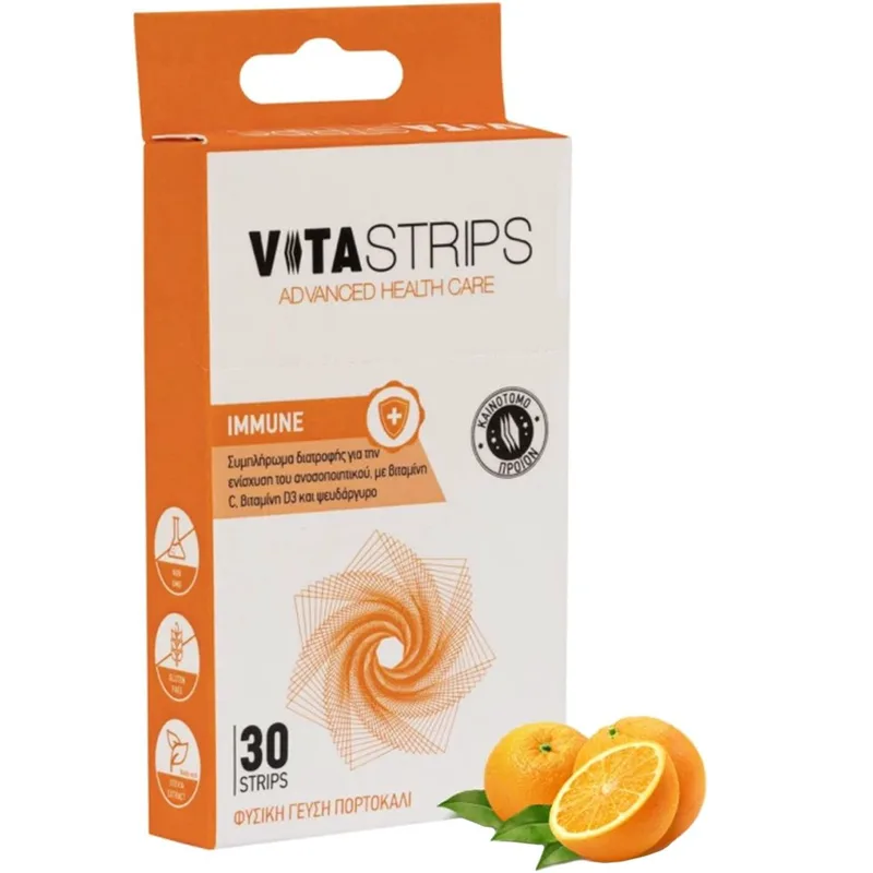 Vitastrips Immune Συμπλήρωμα Διατροφής με Βιταμίνη C, D3 & Ψευδάργυρο για Ενίσχυση του Ανοσοποιητικού με Γεύση Πορτοκάλι 30 Διασπειρόμενες στο Στόμα Ταινίες