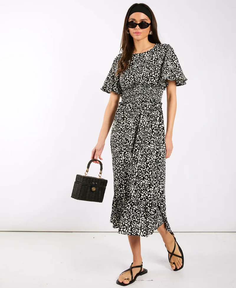 Black Animal Smock Waisted Midi Dress | Clothing Size: 12