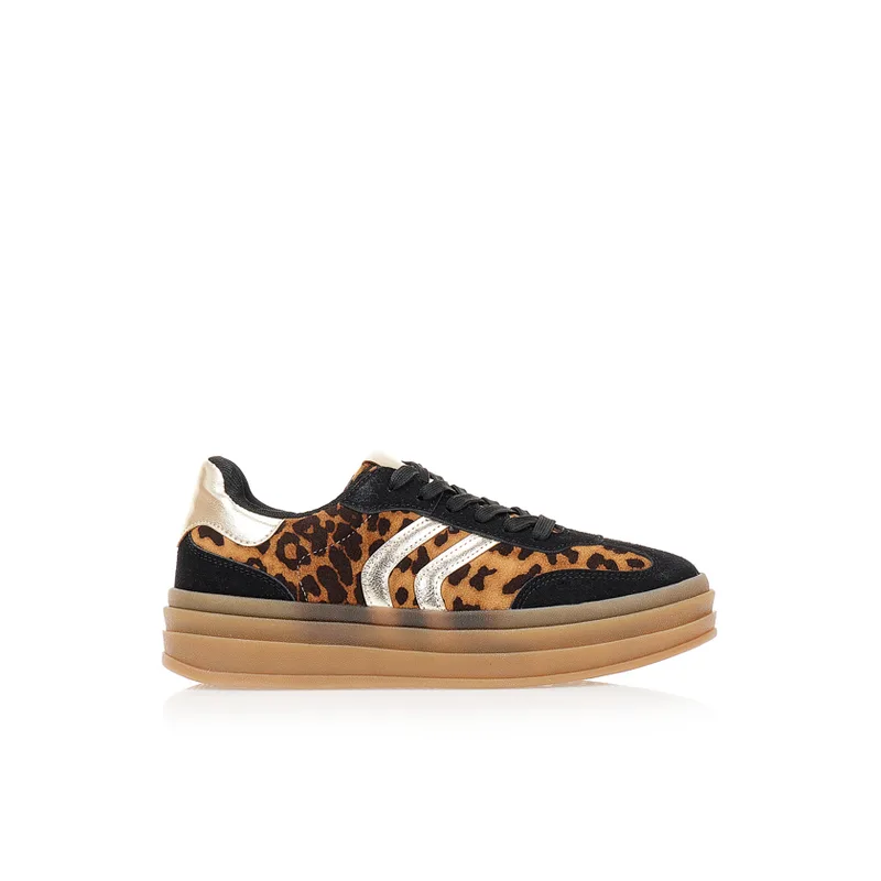 Αθλητικά animal print σουετ με δερματίνη μαύρες και χρυσές λεπτομέρειες ΜΑΥΡΟ
