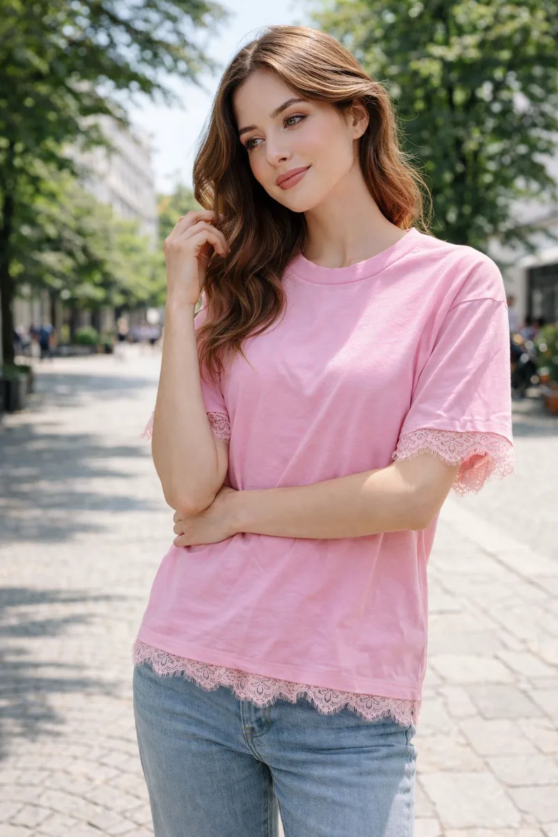 Μπλούζα Γυναικεία Με Δαντέλα Στα Μανίκια – Basic Chic Top Σε Ροζ | Dress Up Ροζ