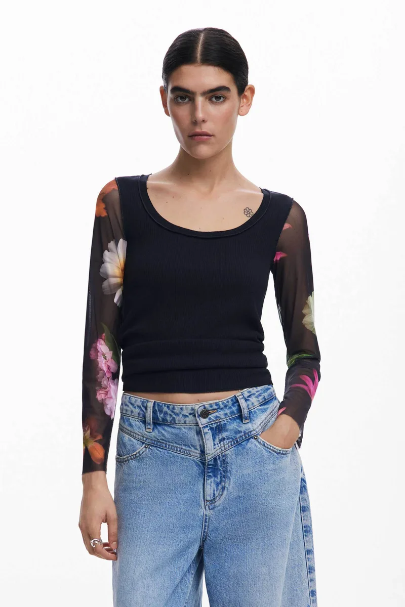 Desigual γυναικεία μπλούζα με floral print "Flint" - 25SWTK93 Μαύρο