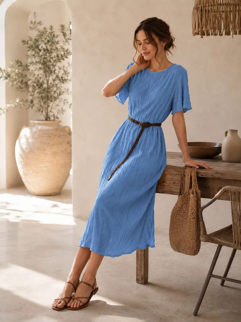 Midi Φόρεμα Πλισέ Με Ζώνη & Κοντό Μανίκι– Μπλε | Dress Up Μπλε