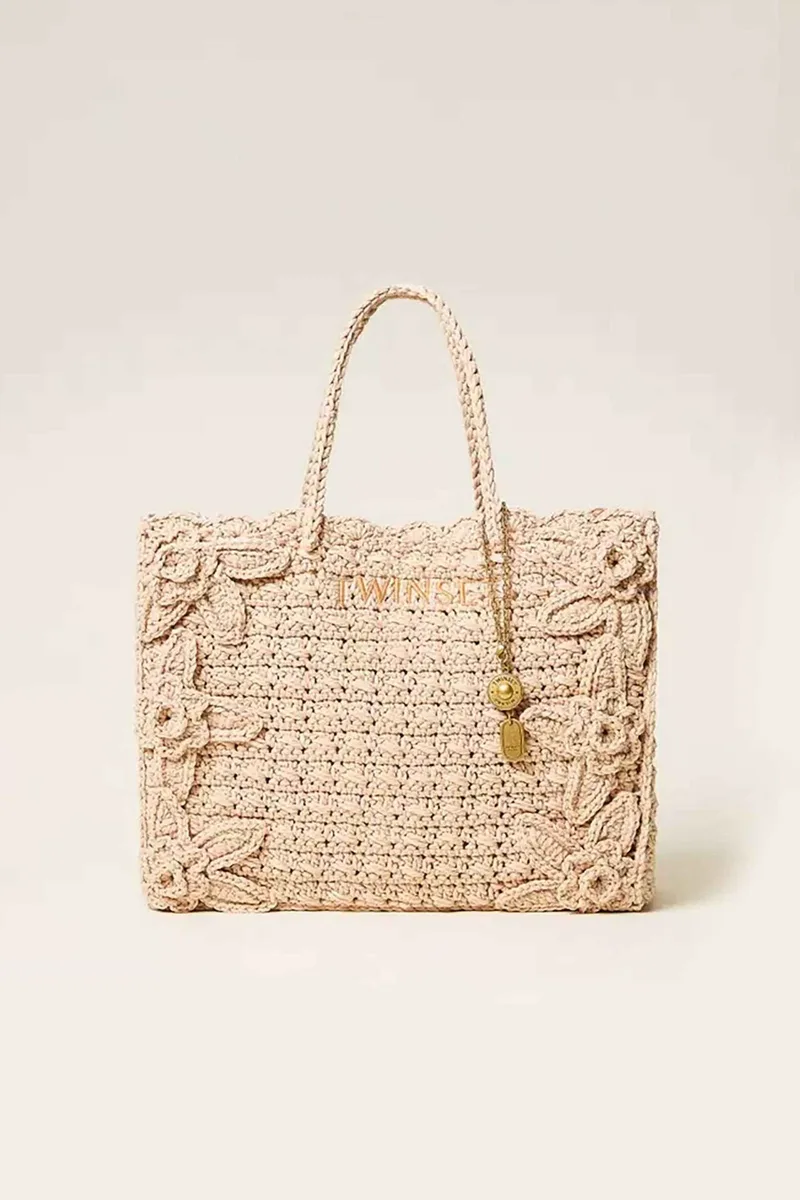 Twinset γυναικεία πλεκτή τσάντα ώμου shopper με γούρι - 261TB7510 Εκρού