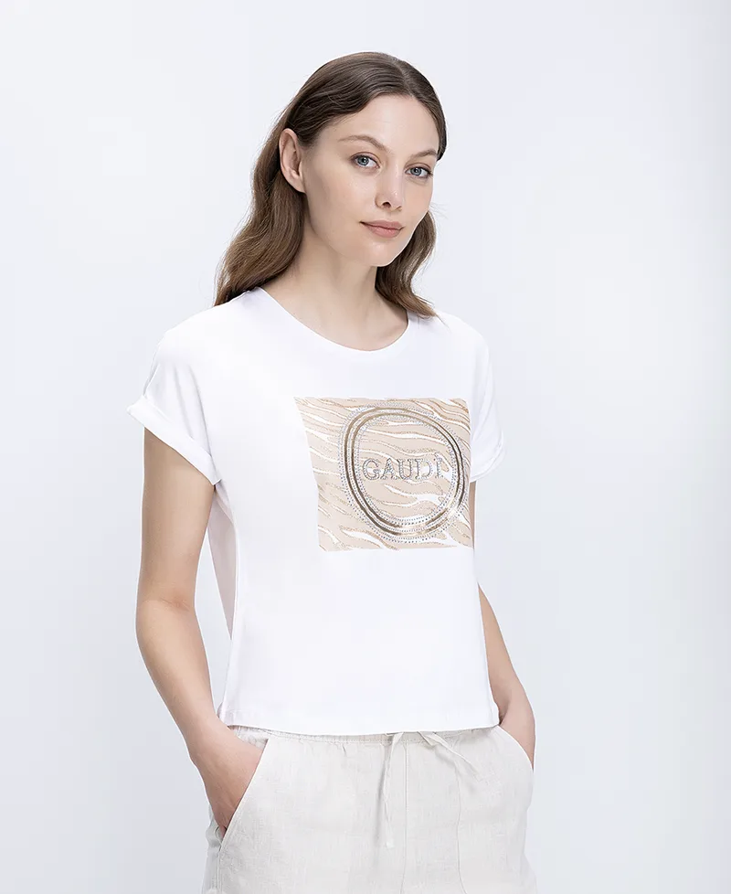 Gaudi Γυναικεία Μπλούζα Regular Fit Με Logo Print Και Strass Λεπτομέρειες