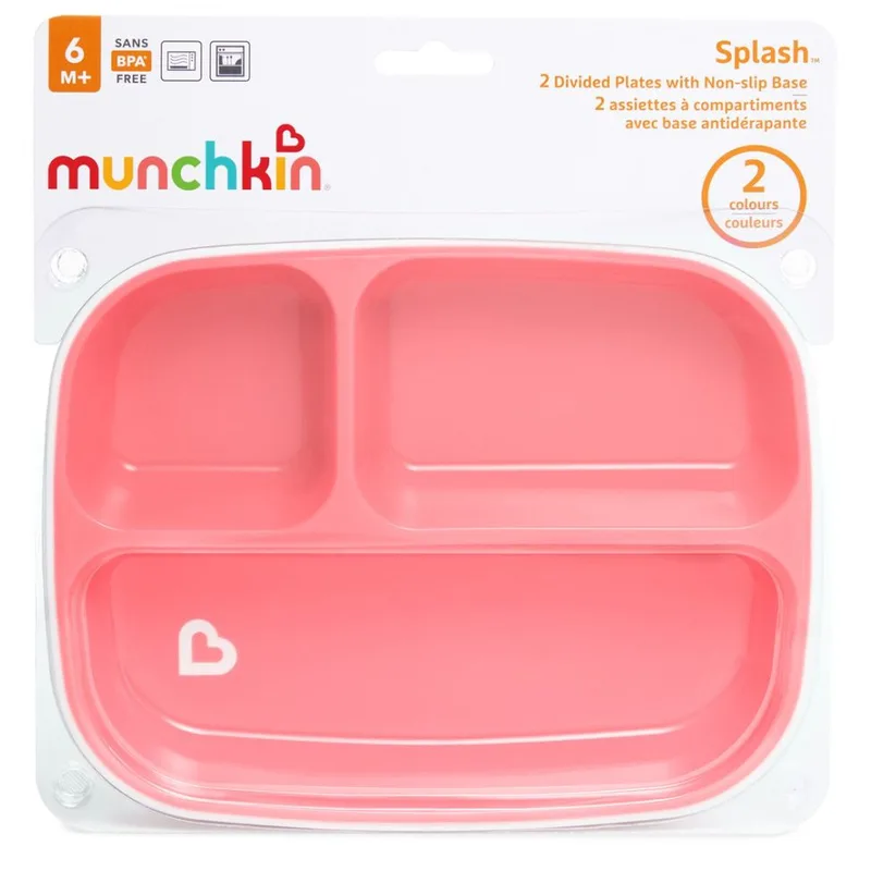 Munchkin Splash Divided Plates With Non-slip Base 6m+ Βρεφικά Πιάτα με Χωρίσματα & Αντιολισθητική Βάση 2 Τεμάχια Ροζ / Λιλά