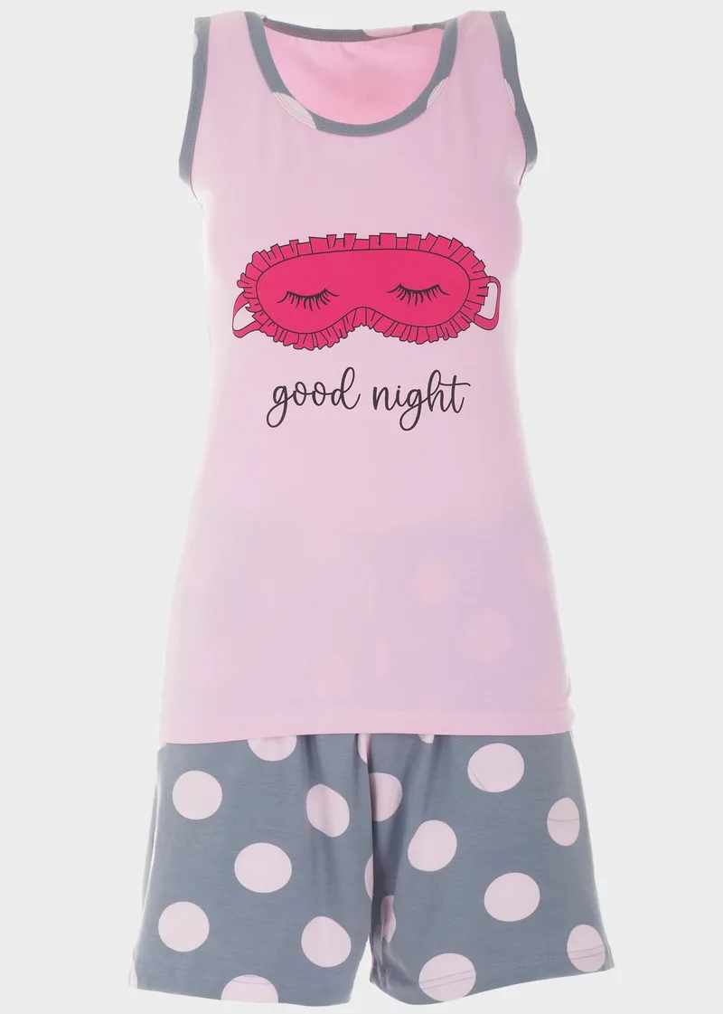 Baby doll Good Night με πουά σόρτς ΡΟΖ