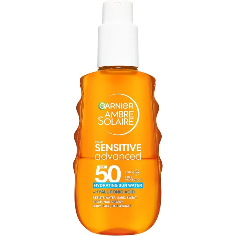 Garnier Ambre Solaire Spf50 Sensitive Advanced Hydrating Sun Water Ενυδατικό Διφασικό Αντηλιακό Νερό Υψηλής Προστασίας για Σώμα, Πρόσωπο & Μαλλιά με Υαλουρονικό Οξύ 150ml