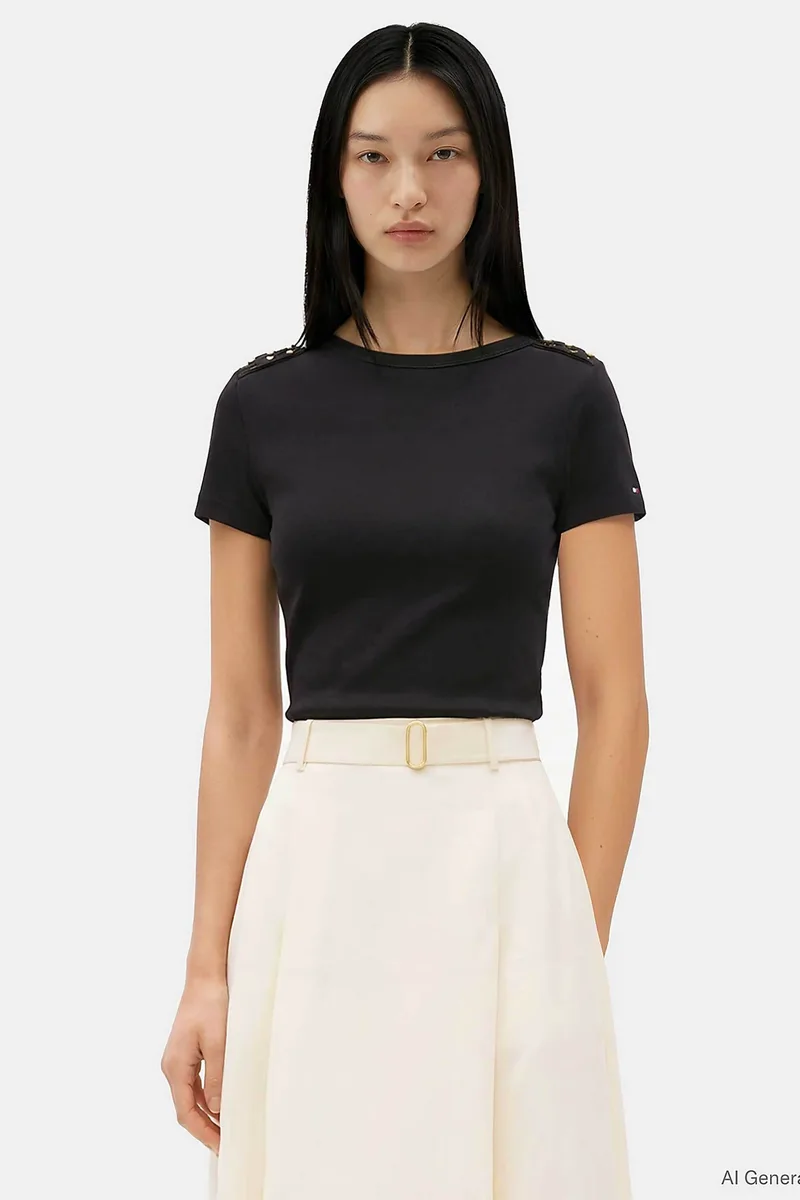 Tommy Hilfiger γυναικείο T-shirt με διακοσμητικά κουμπιά στους ώμους Slim Fit - WW0WW49250 Μαύρο