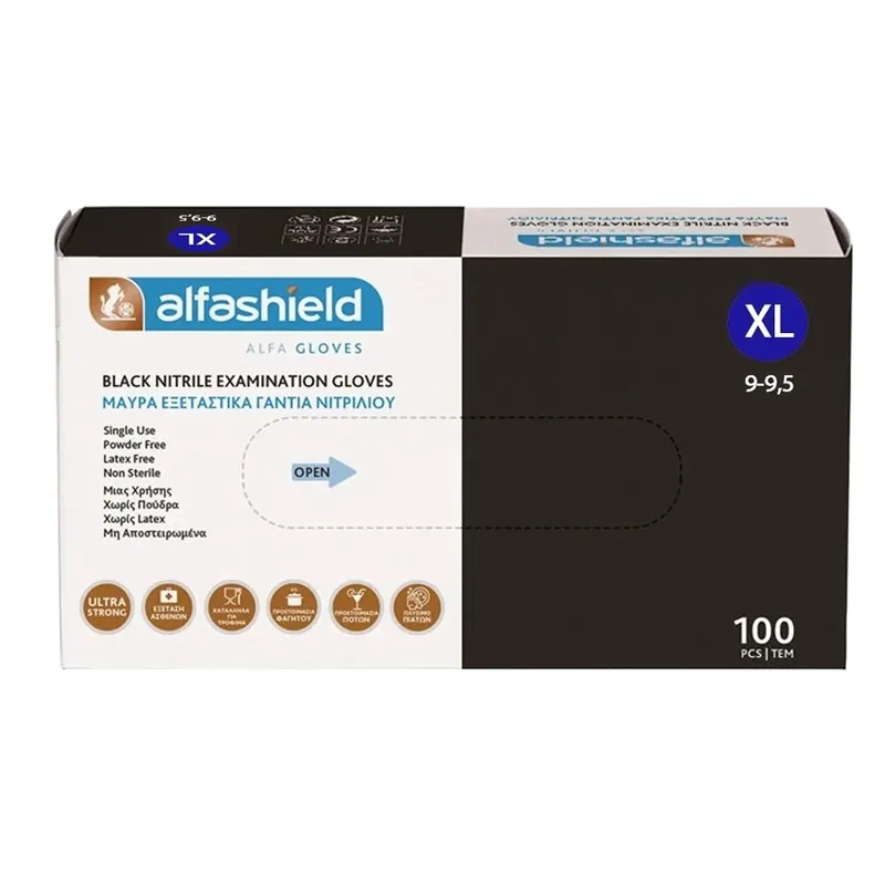 AlfaShield Black Nitrile Examination Gloves Μαύρα Εξεταστικά Γάντια Νιτριλίου Χωρίς Πούδρα 100 Τεμάχια - Extra Large