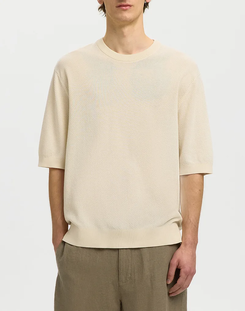 SELECTED SLHTORINO SS RELAXED STRUCTURE CREW NECK 16101377-Birch Cream