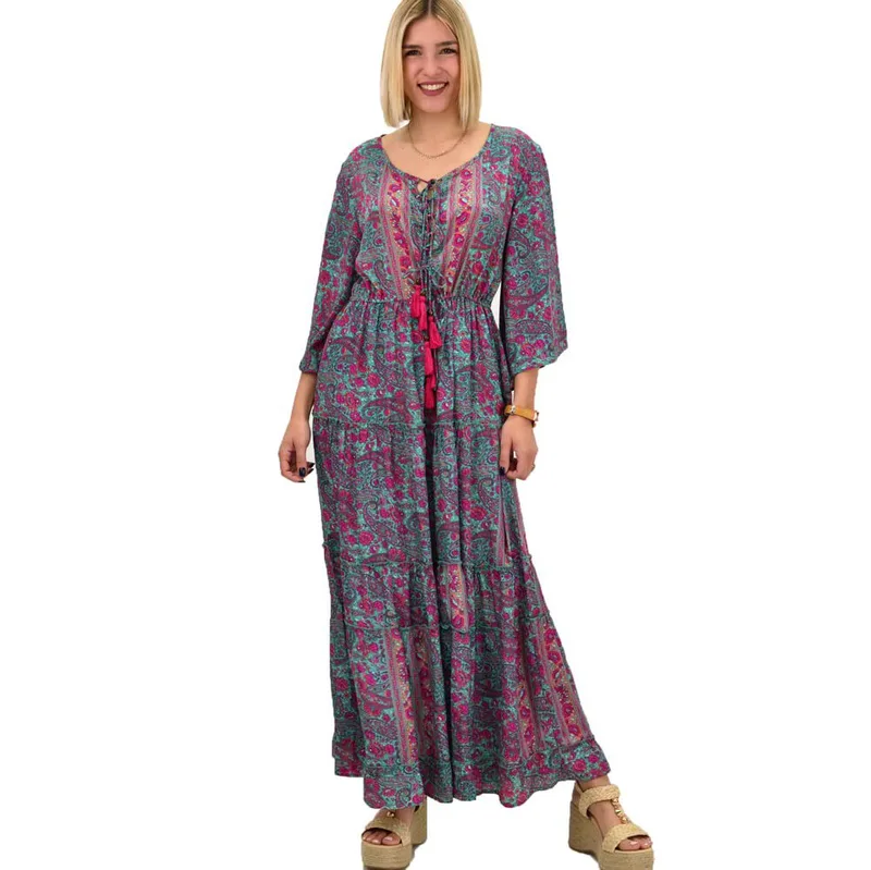 Γυναικείο μεταξωτό boho φόρεμα με βολάν Βεραμάν 20543