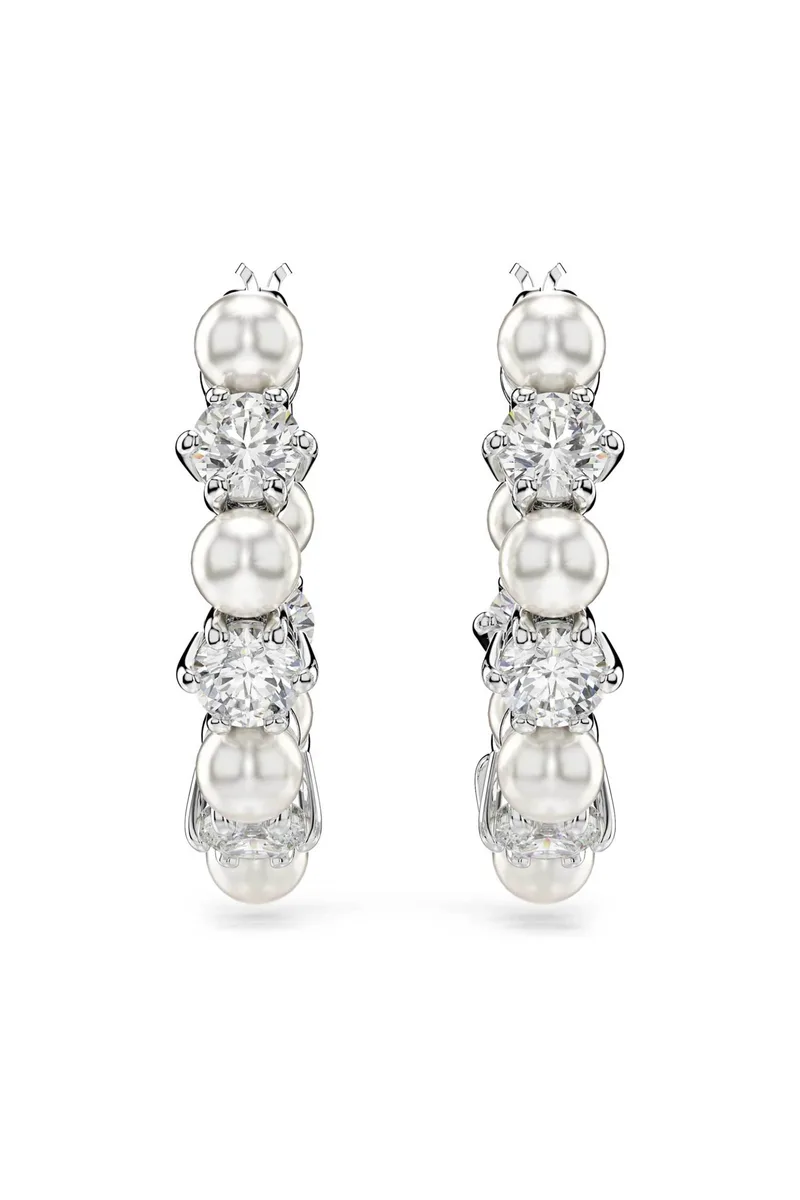 Swarovski γυναικείοι κρίκοι crystal pearl, στρογγυλή κοπή, λευκά, επιμετάλλωση ροδίου "Matrix" - 5709256